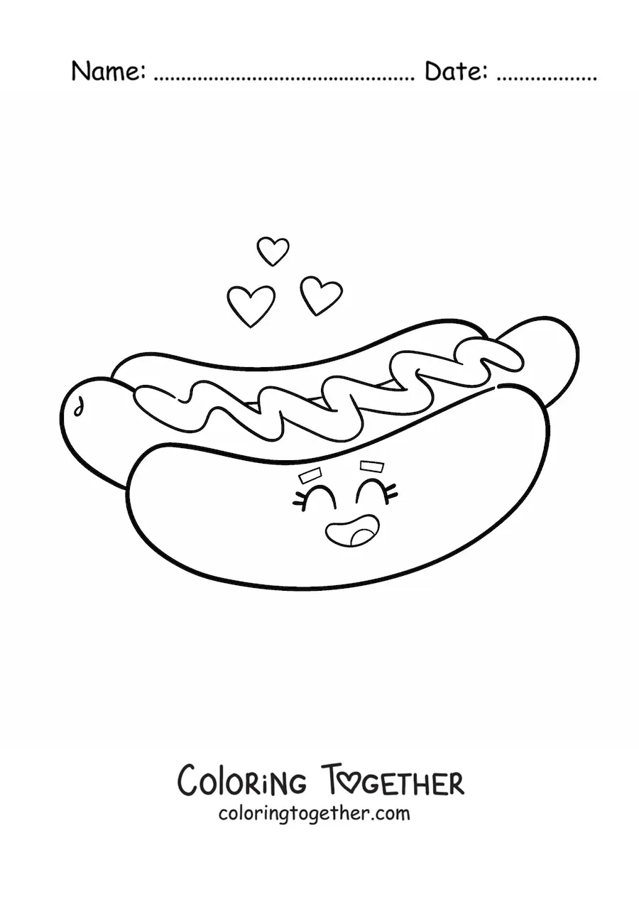 Coloring page of a kawaii cartoon hot dog with hearts
