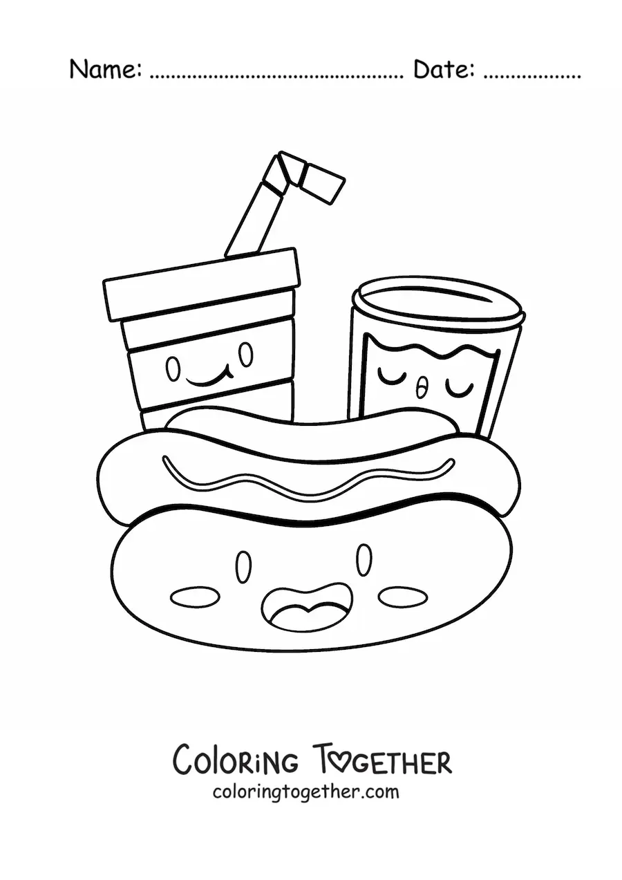 Coloring page of a kawaii cartoon hot dog with cartoon drinks