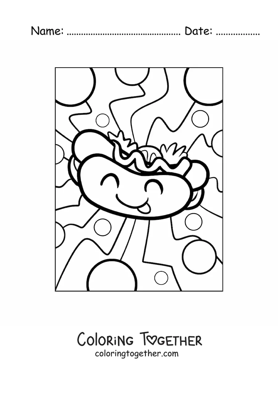 Coloring page of a cartoon hot dog