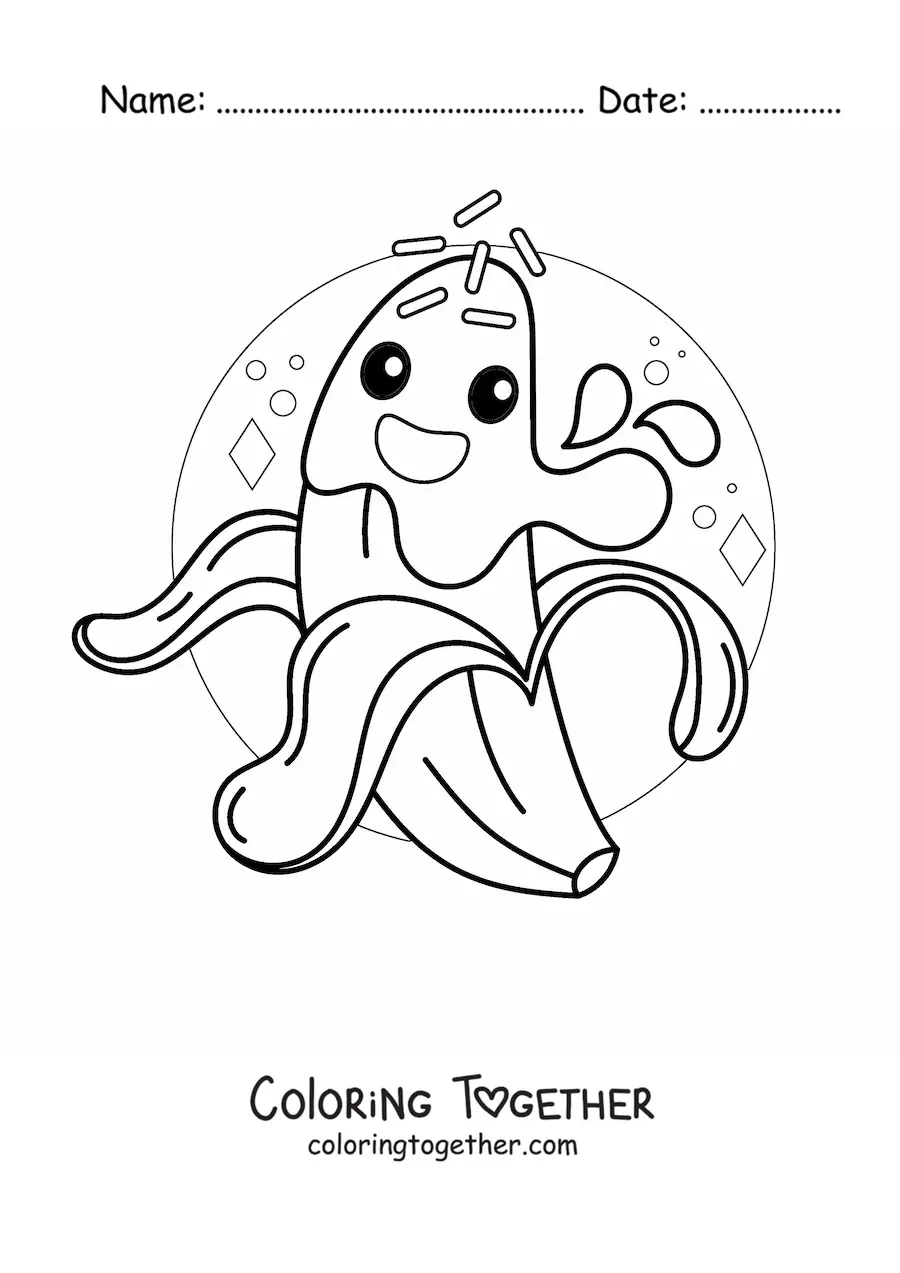 Coloring page of a smiling cartoon banana covered in chocolate