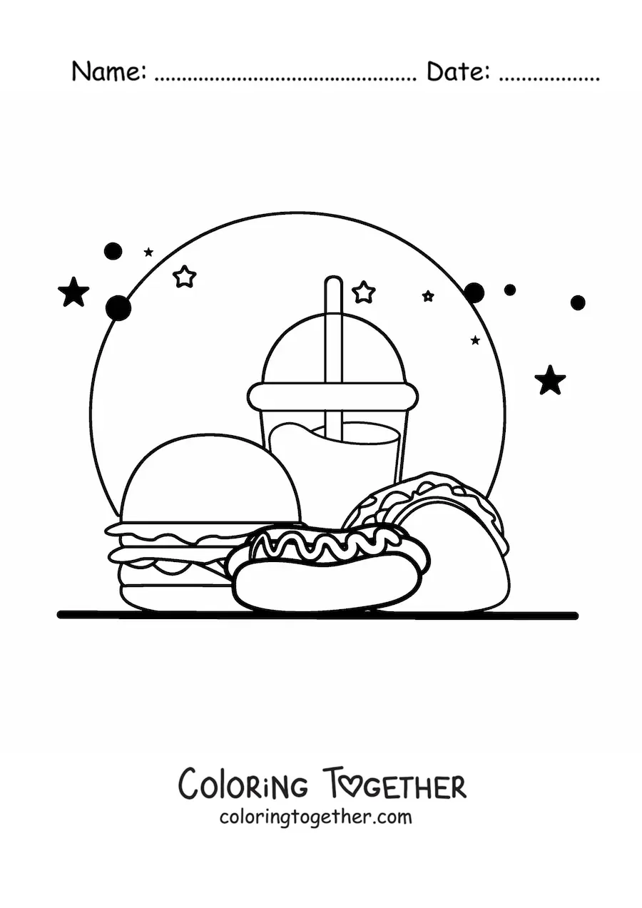 Coloring page of a hot dog with junk food