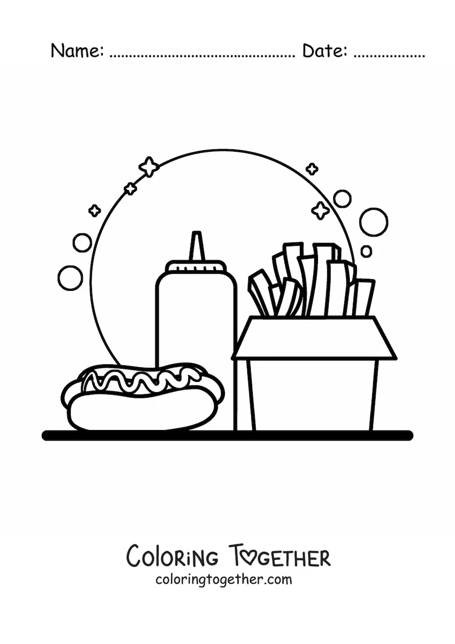Coloring page of a hot dog with sauce and french fries