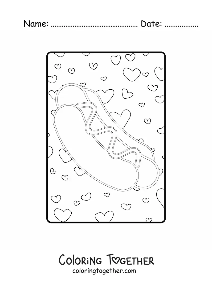 Coloring page of a hot dog with hearts in the background