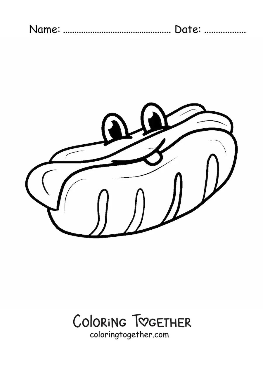 Coloring page of a cartoon hot dog