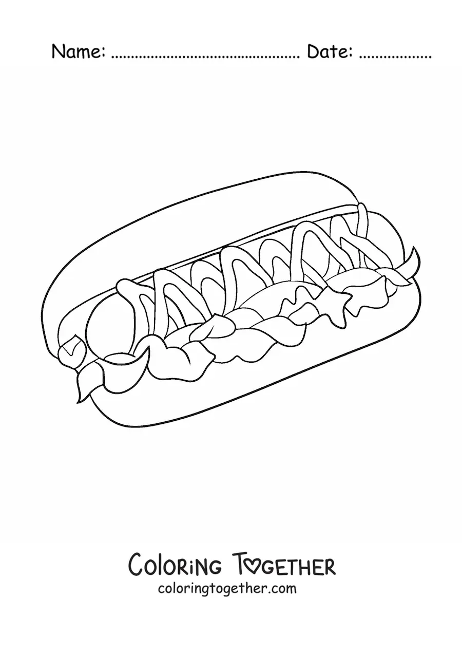 Coloring page of a hot dog with lettuce and sauces