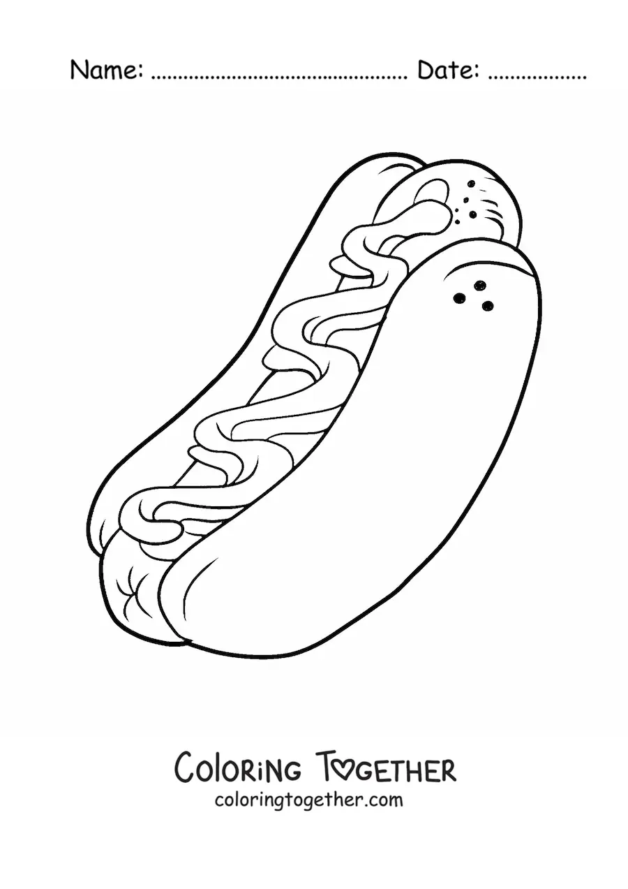 Coloring page of a big hot dog with sauces