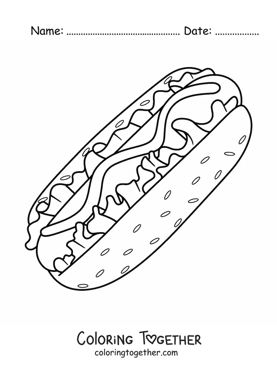 Coloring page of a big hot dog with lettuce and sauce
