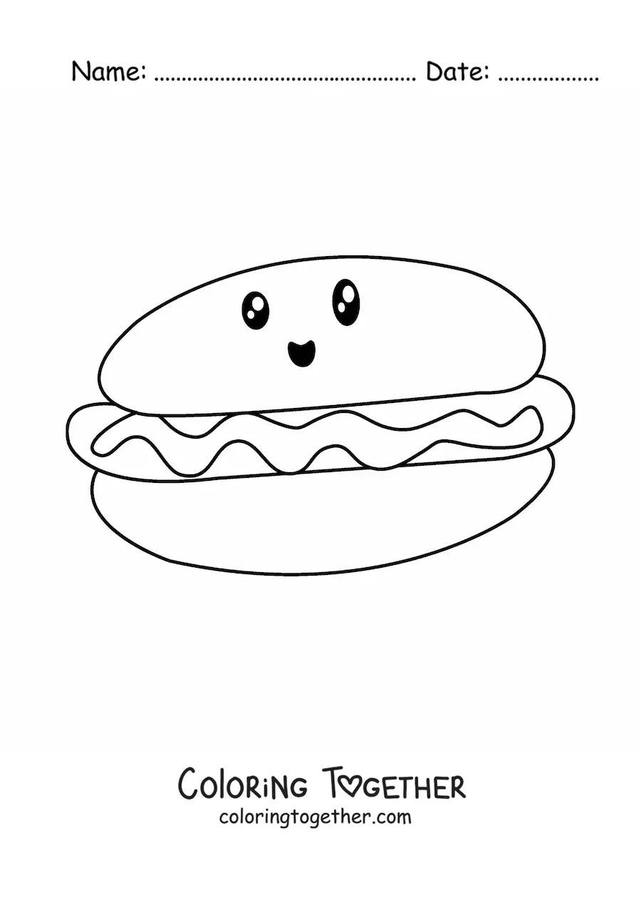 Coloring page of a kawaii hot dog