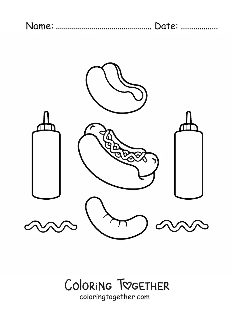 Coloring page of a hot dog with its toppings around it