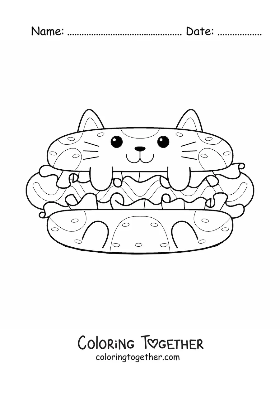 Coloring page of a hot dog shaped like a kawaii cartoon cat