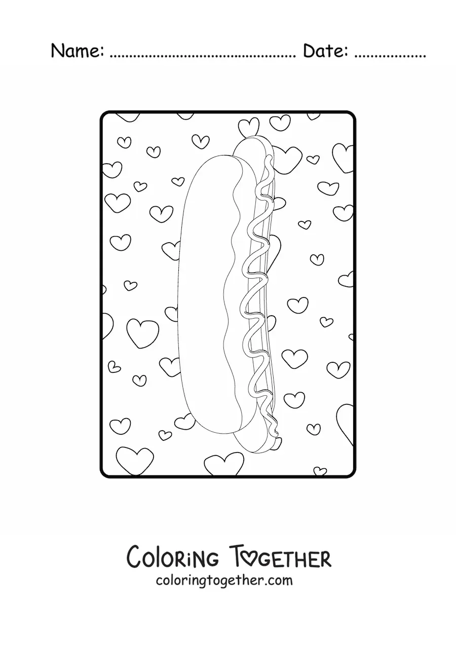Coloring page of a side view hot dog with hearts in the background