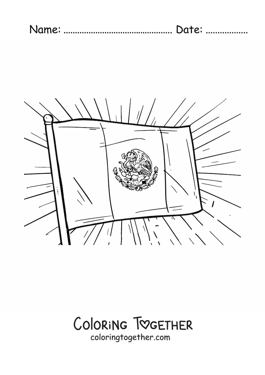 Coloring page of a flag of Mexico waving on a flagpole