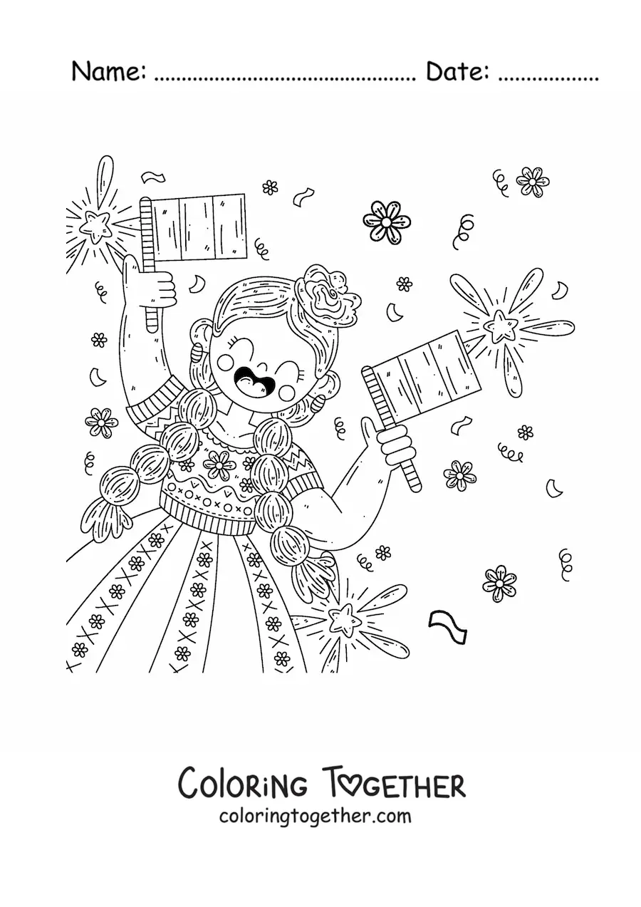 Coloring page of a girl holding two flags of Mexico without the coat of arms