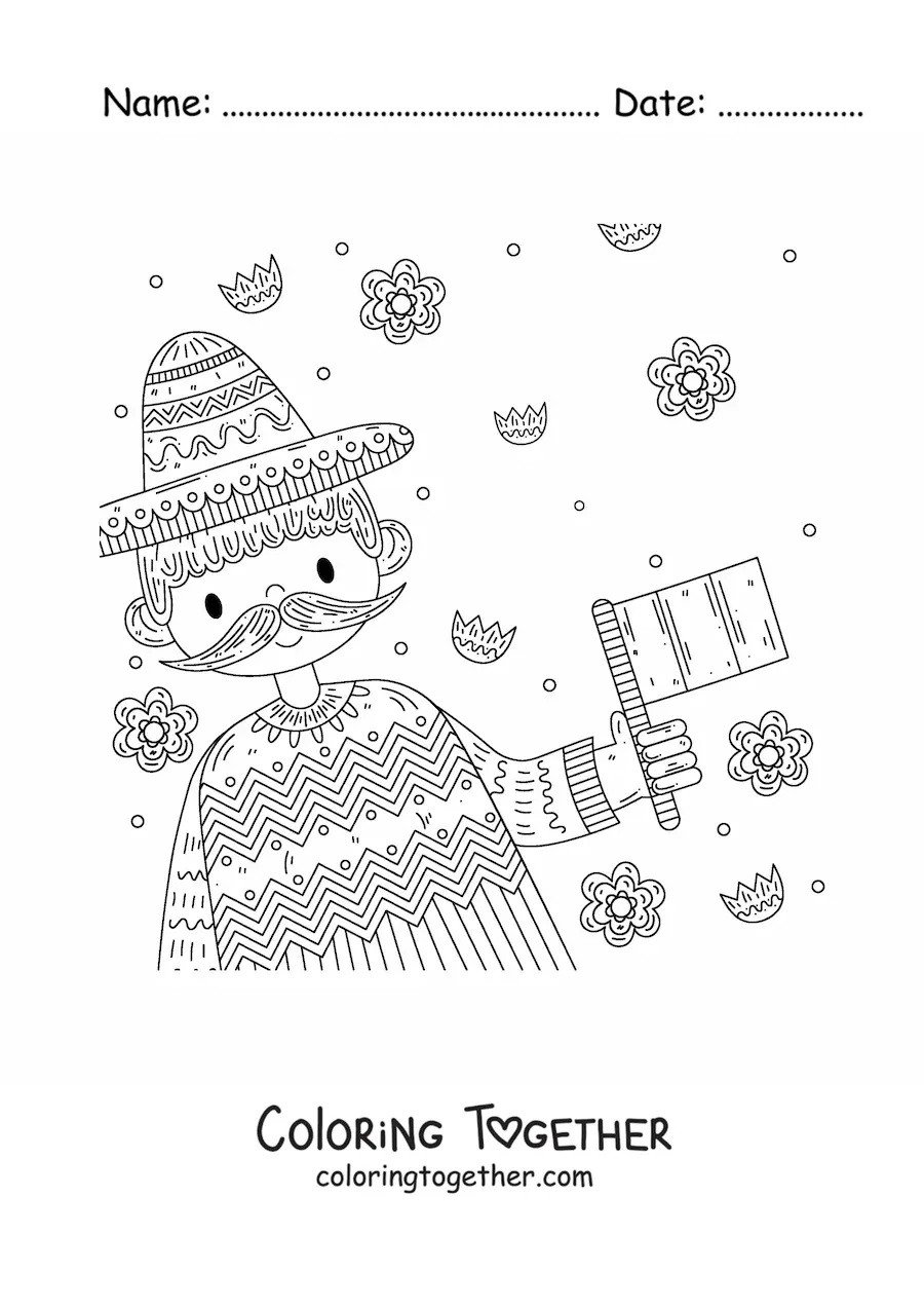 Coloring page of a man holding the flag of Mexico without the coat of arms