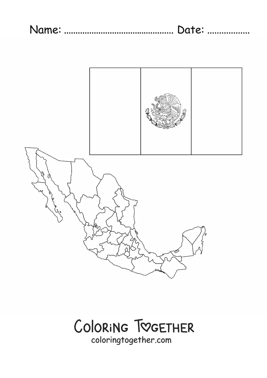 Coloring page of the flag of Mexico with the coat of arms next to a map