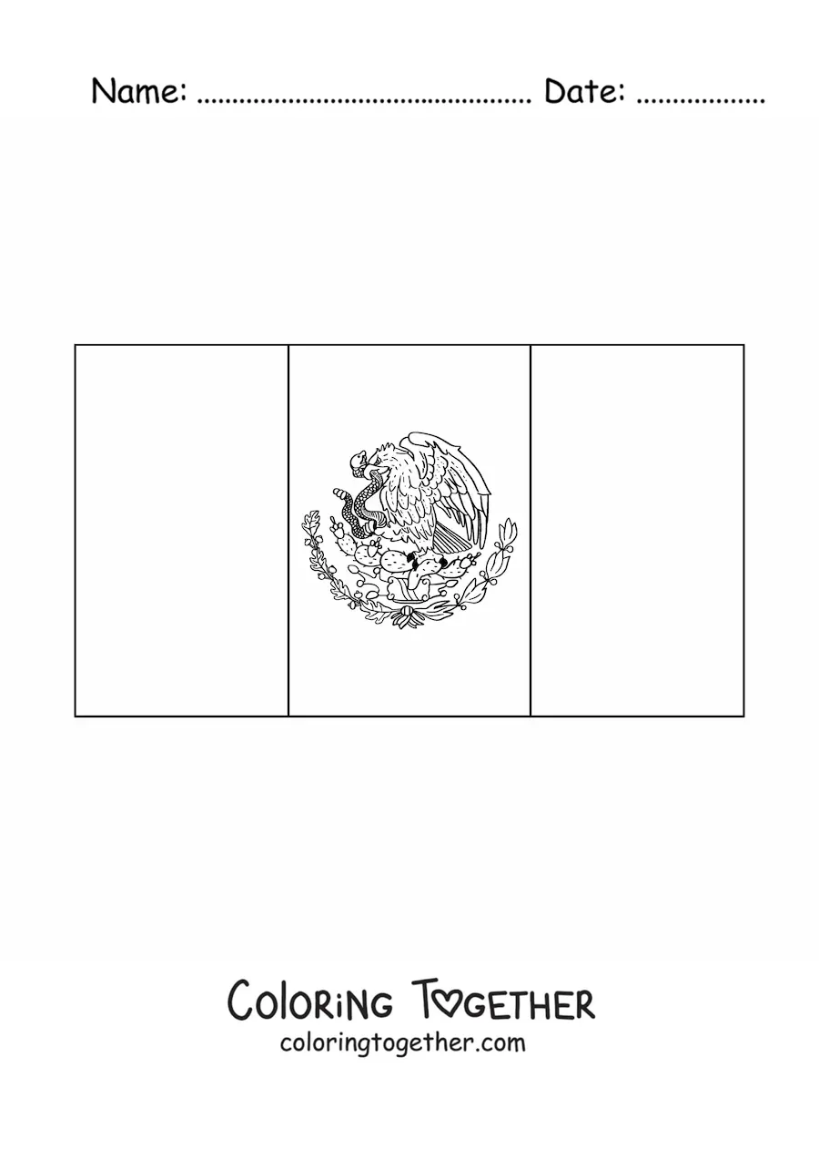 Coloring page of the horizontal flag of Mexico with the coat of arms