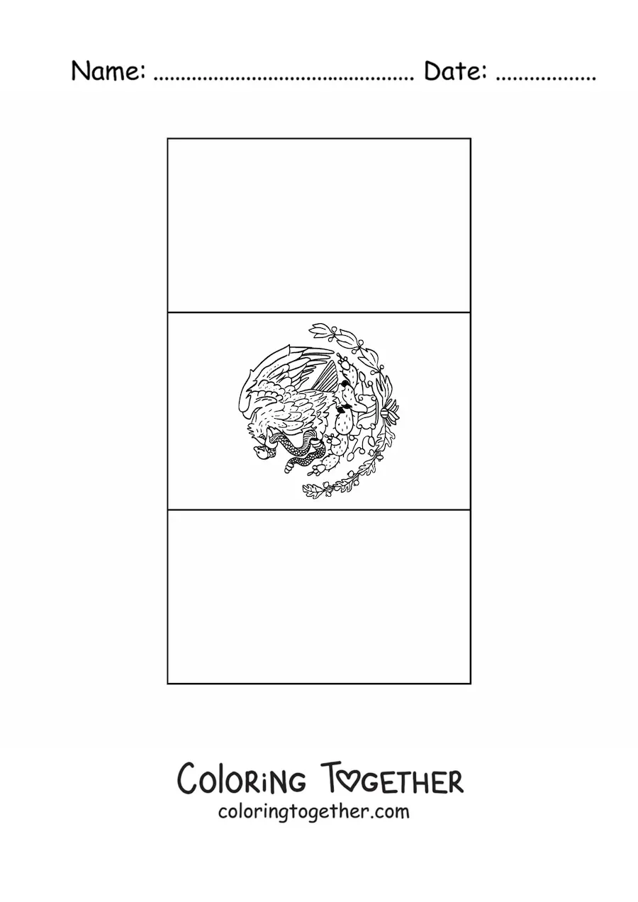 Coloring page of the vertical flag of Mexico with the coat of arms