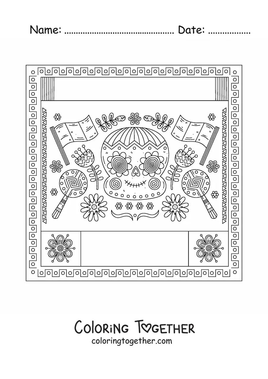 Coloring page of two flags of Mexico without the coat of arms next to a Mexican skull