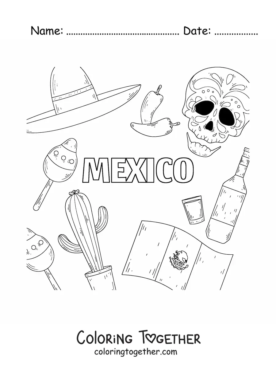 Coloring page of the flag of Mexico next to a Mexican skull, a chili pepper, tequila, and a hat