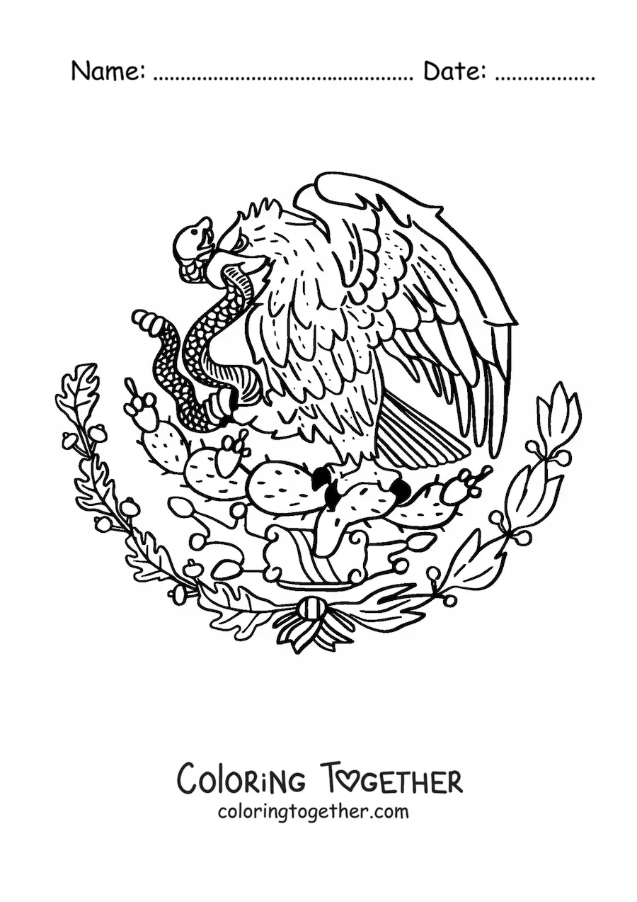 Coloring page of the coat of arms of the flag of Mexico