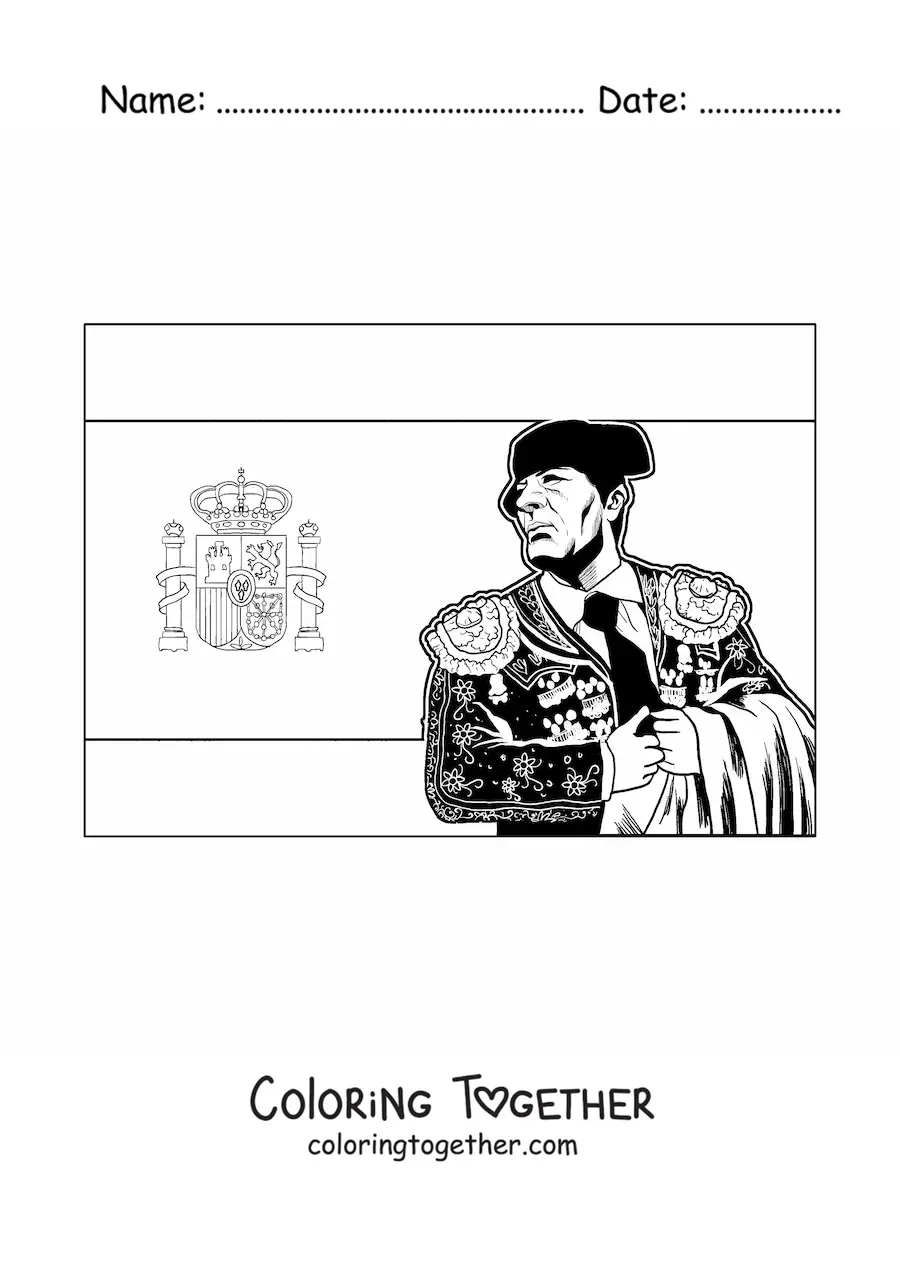Coloring page of the horizontal flag of Spain with a realistic bullfighter