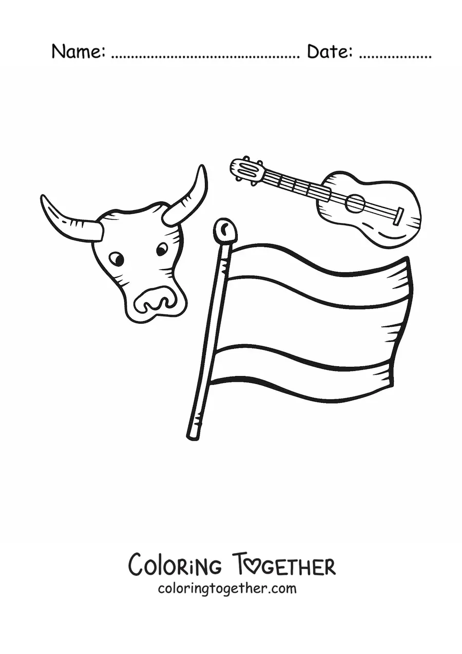 Coloring page of the flag of Spain next to a kawaii bull and a guitar