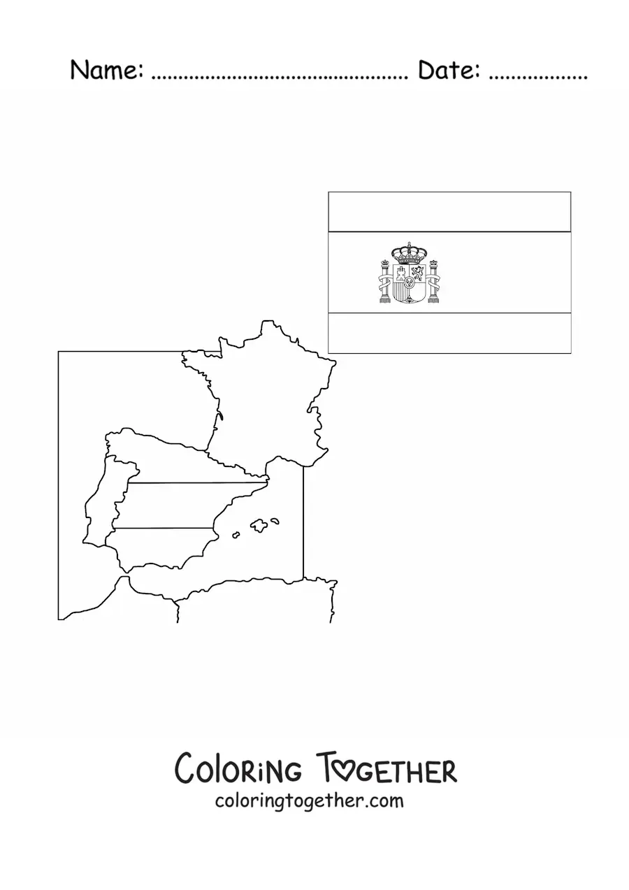 Coloring page of the flag of Spain with coat of arms next to a map