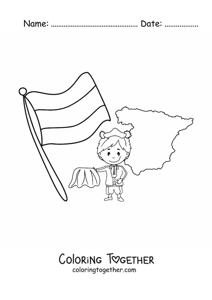 Coloring page of the flag of Spain without coat of arms with a kawaii bullfighter and a map
