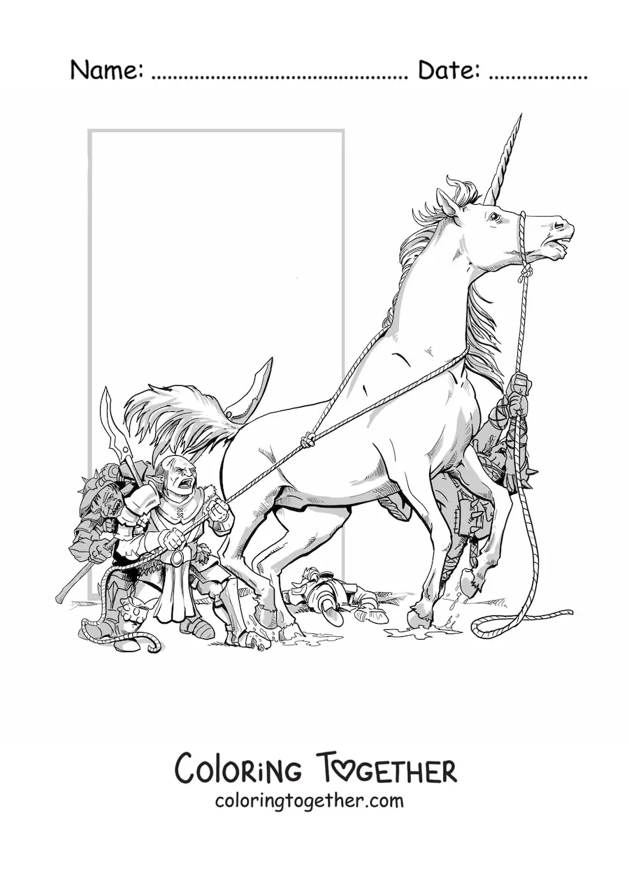Coloring page of a Dungeons and Dragons unicorn escaping from several goblins