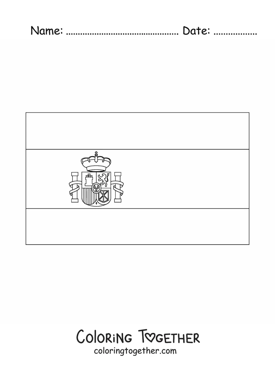 Coloring page of the horizontal flag of Spain with coat of arms, easy