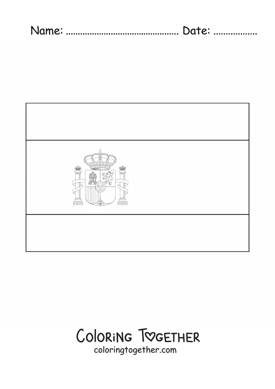 Coloring page of the horizontal flag of Spain with a detailed coat of arms