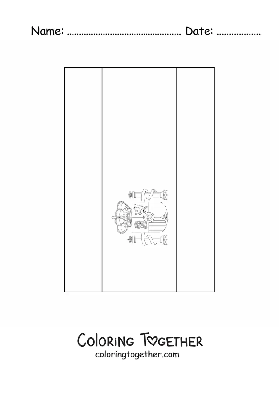 Coloring page of the vertical flag of Spain with a detailed coat of arms