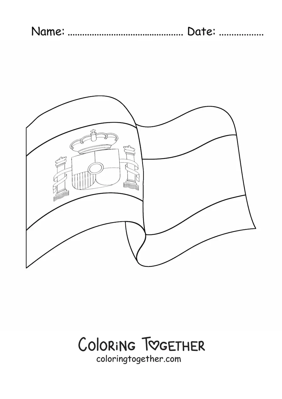 Coloring page of the flag of Spain with coat of arms waving