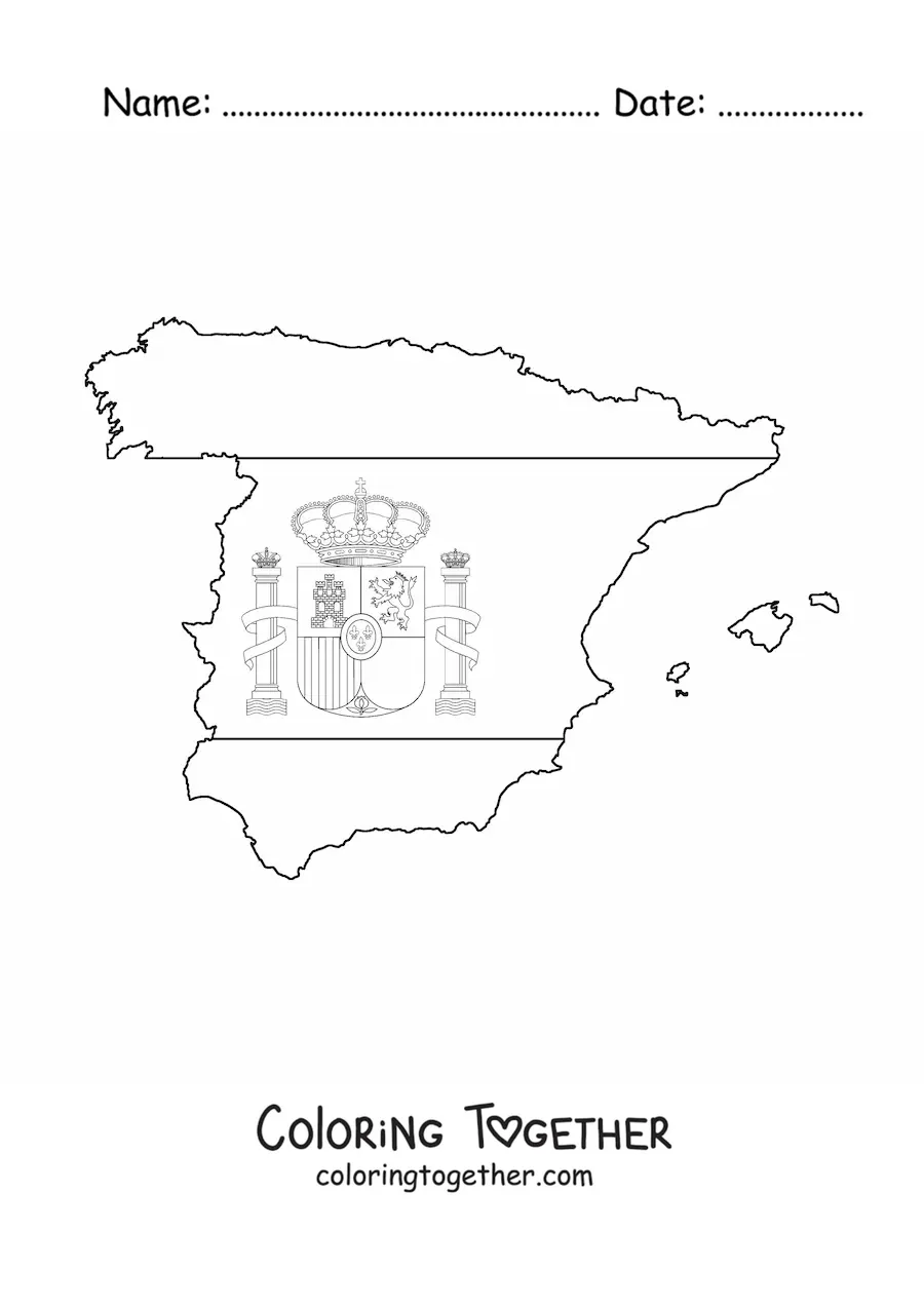 Coloring page of the flag of Spain with coat of arms on top of a map
