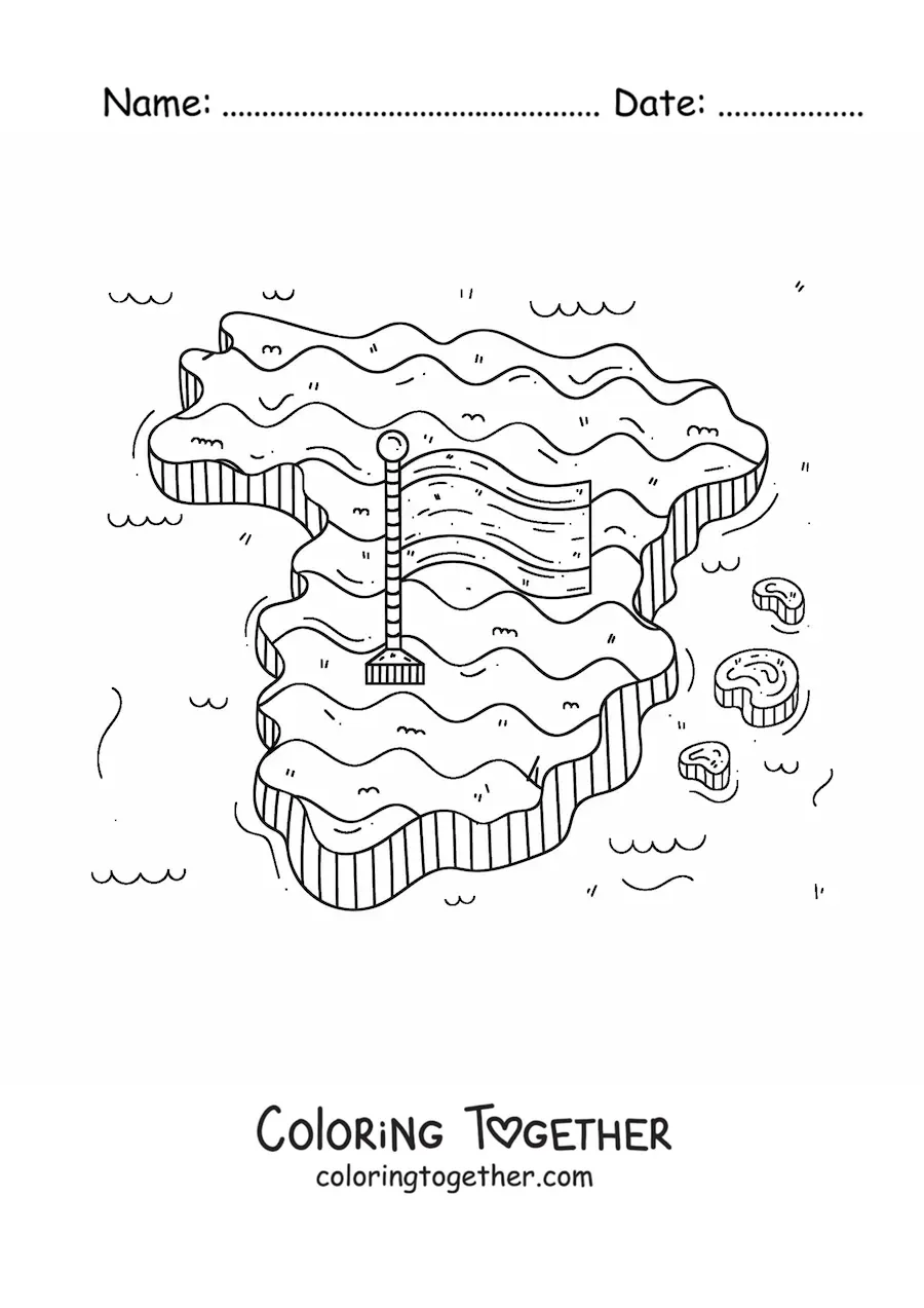 Coloring page of the flag of Spain without coat of arms on top of a map