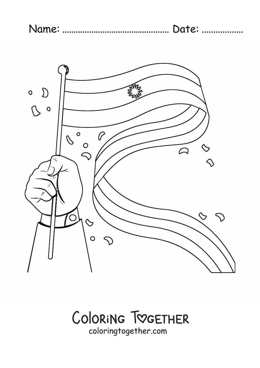 Coloring page of a hand holding the flag of Argentina waving