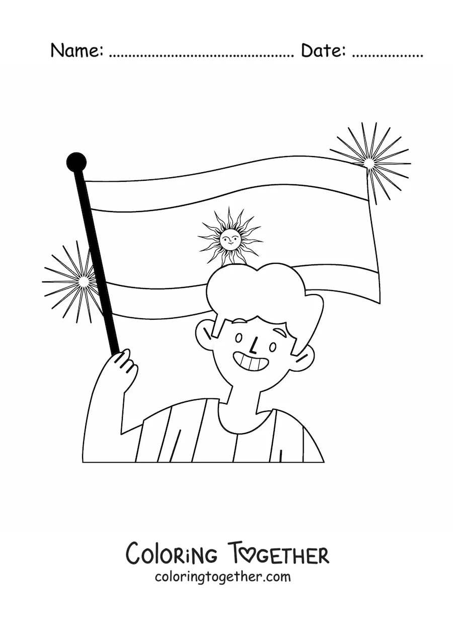 Coloring page of a boy holding the flag of Argentina
