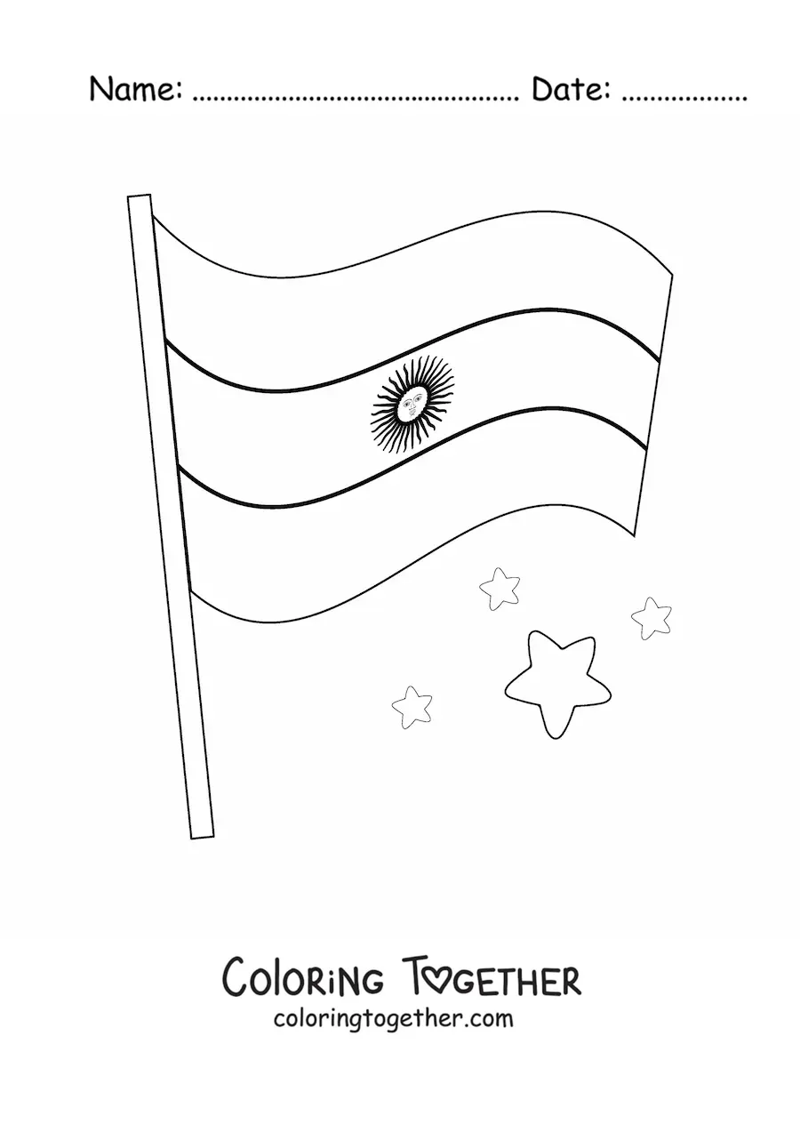 Coloring page of the flag of Argentina waving on a flagpole