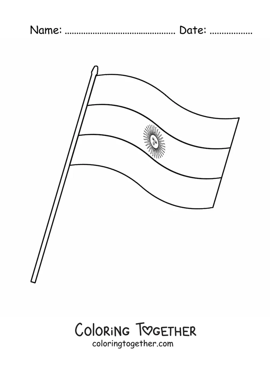 Coloring page of the flag of Argentina on a flagpole