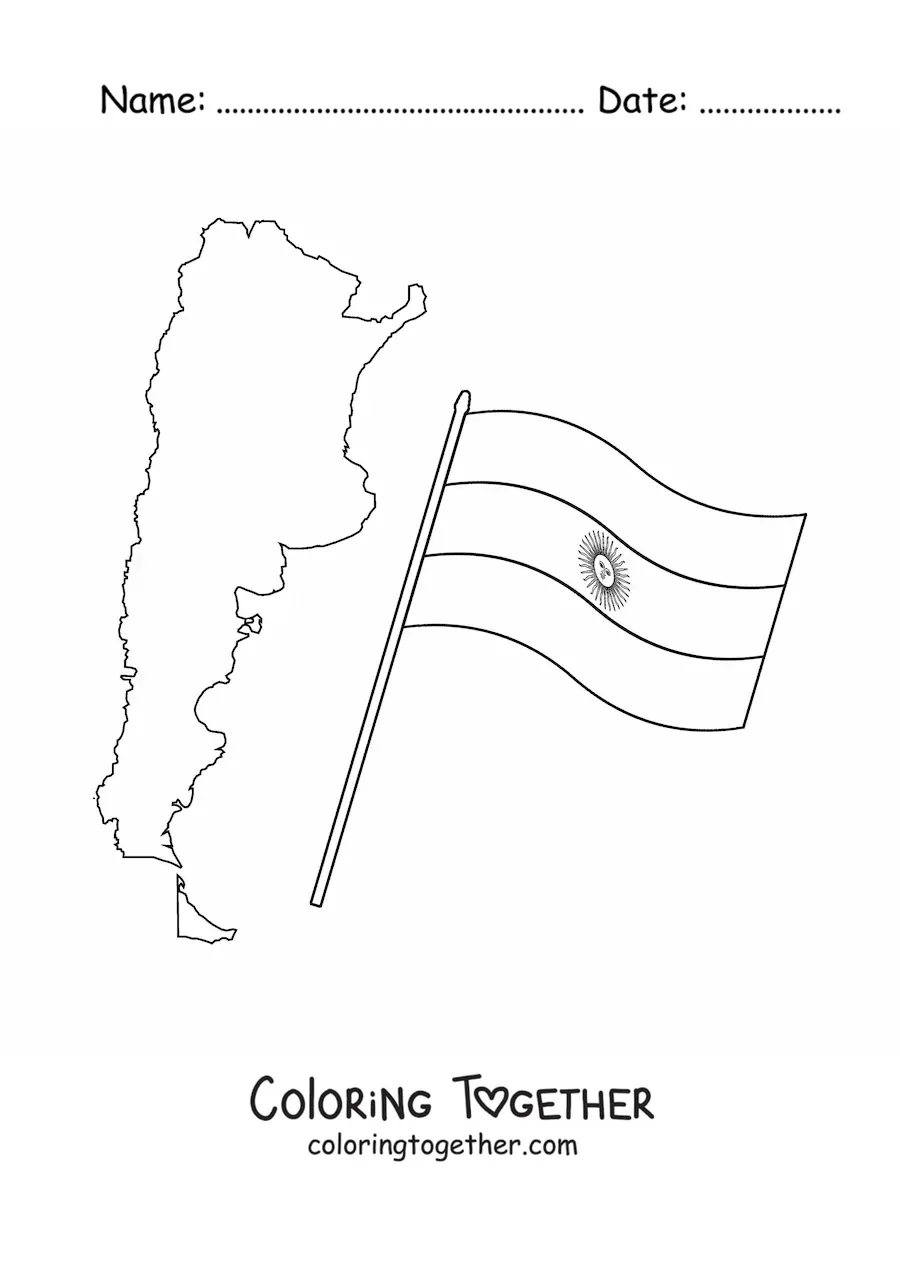 Coloring page of the flag of Argentina next to a map