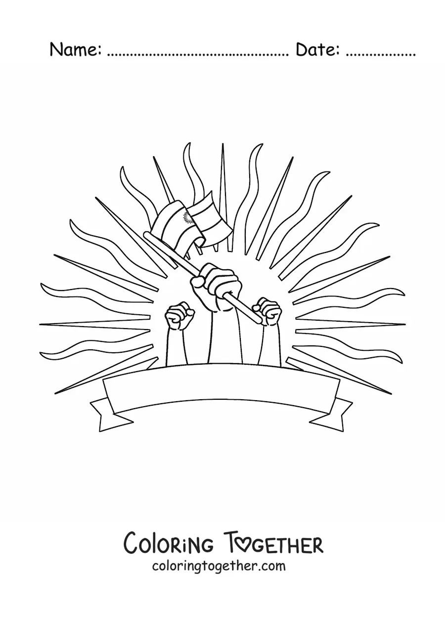 Coloring page of hands holding the flag of Argentina with the Sun in the background