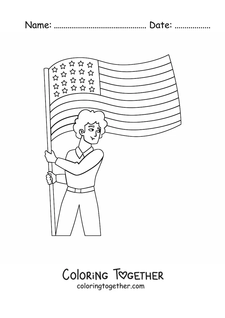Coloring page of a boy holding the flag of the United States