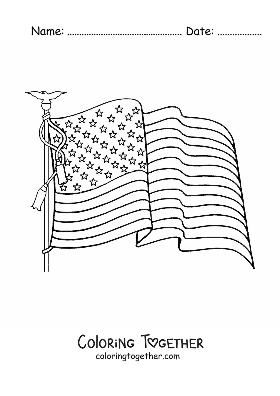 Coloring page of the flag of the United States waving on a flagpole