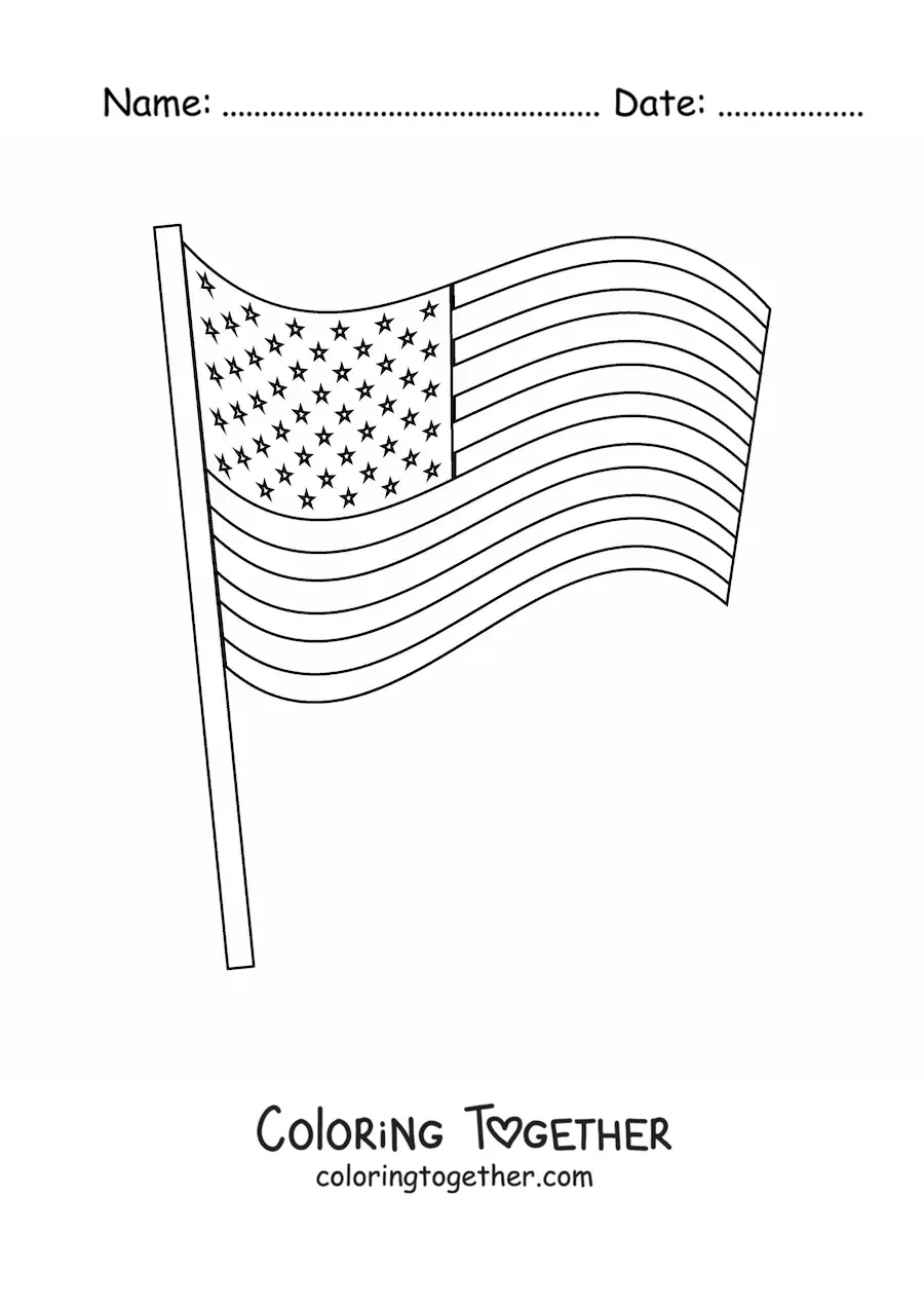 Coloring page of the flag of the United States on a flagpole