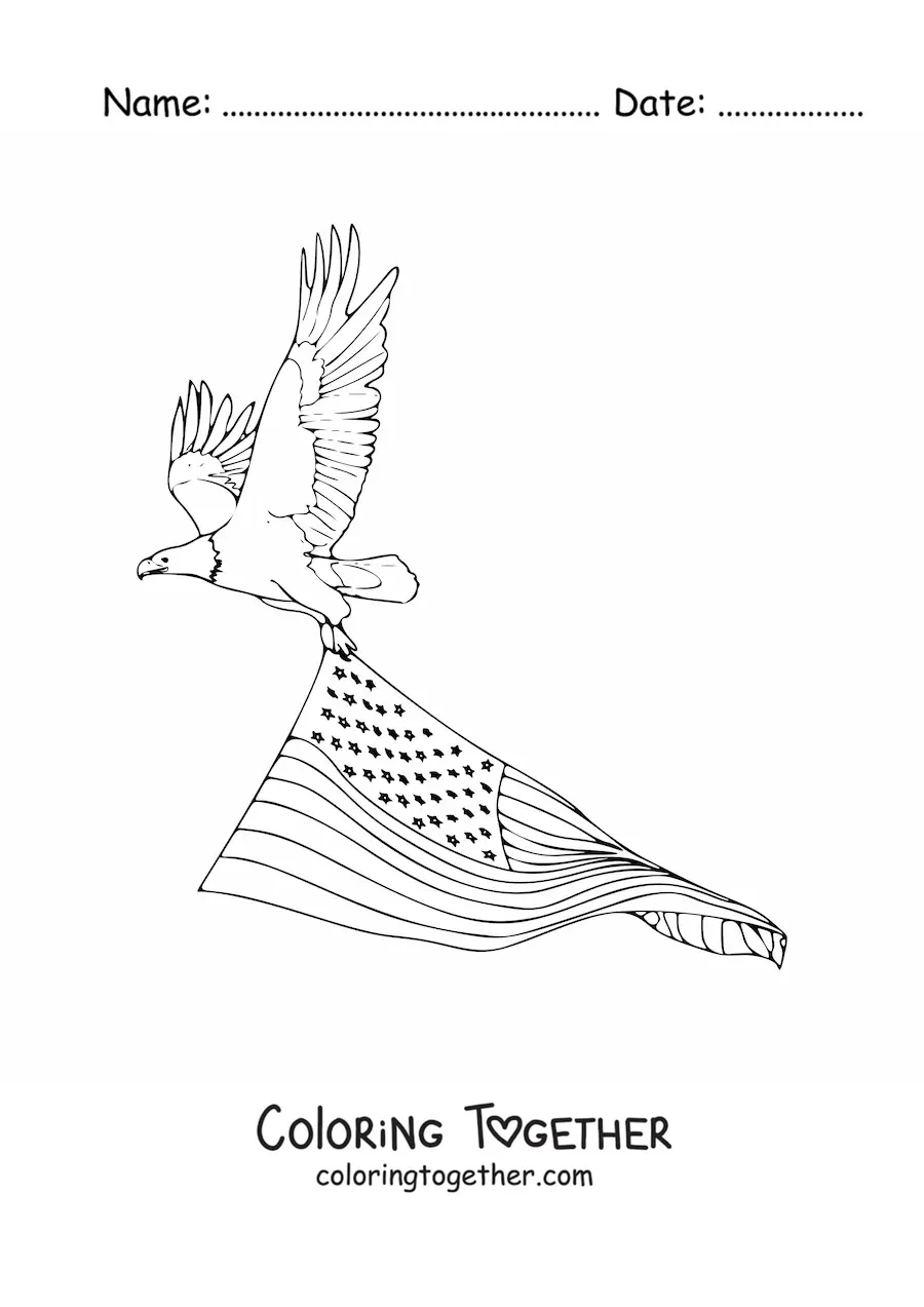 Coloring page of an eagle carrying the flag of the United States