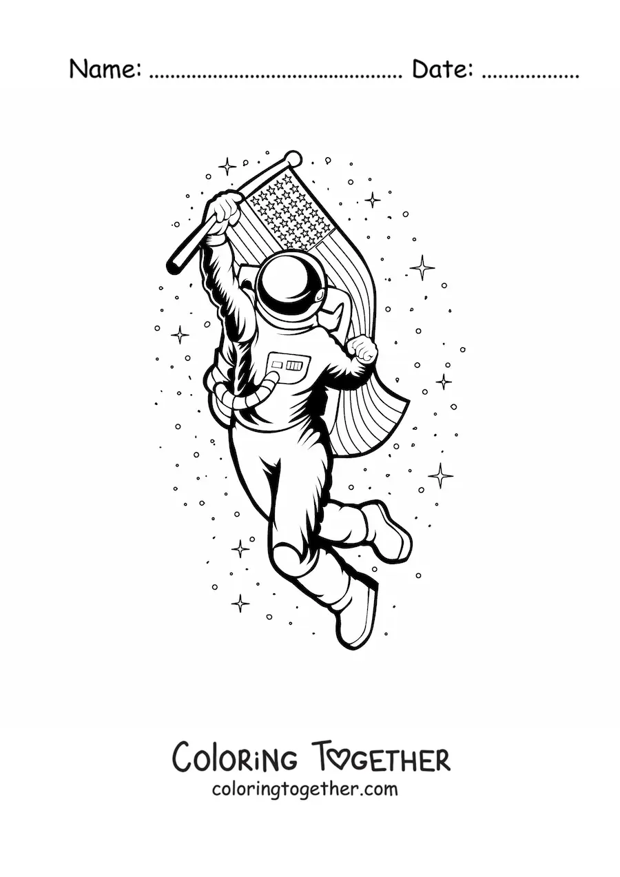 Coloring page of an astronaut with the flag of the United States