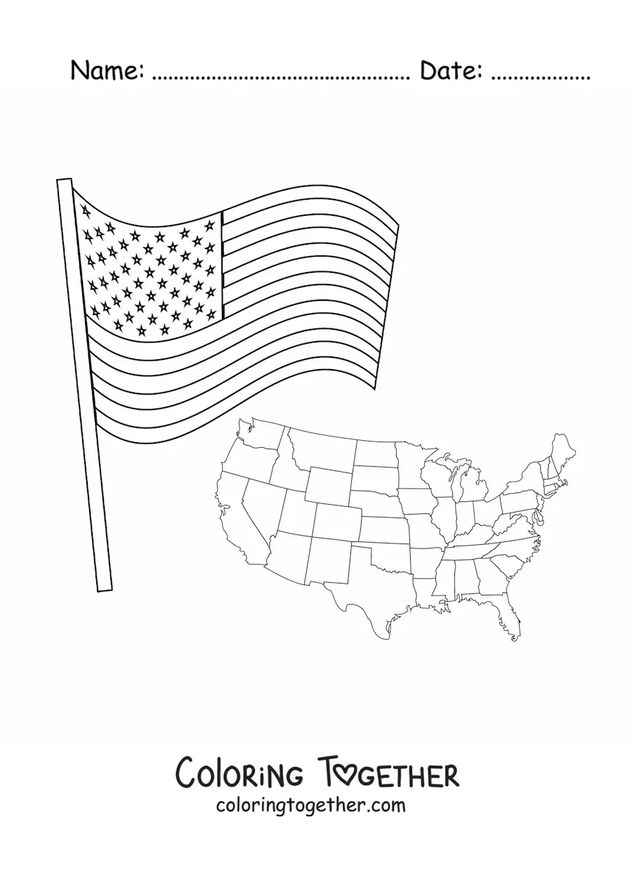 Coloring page of the flag of the United States next to a map