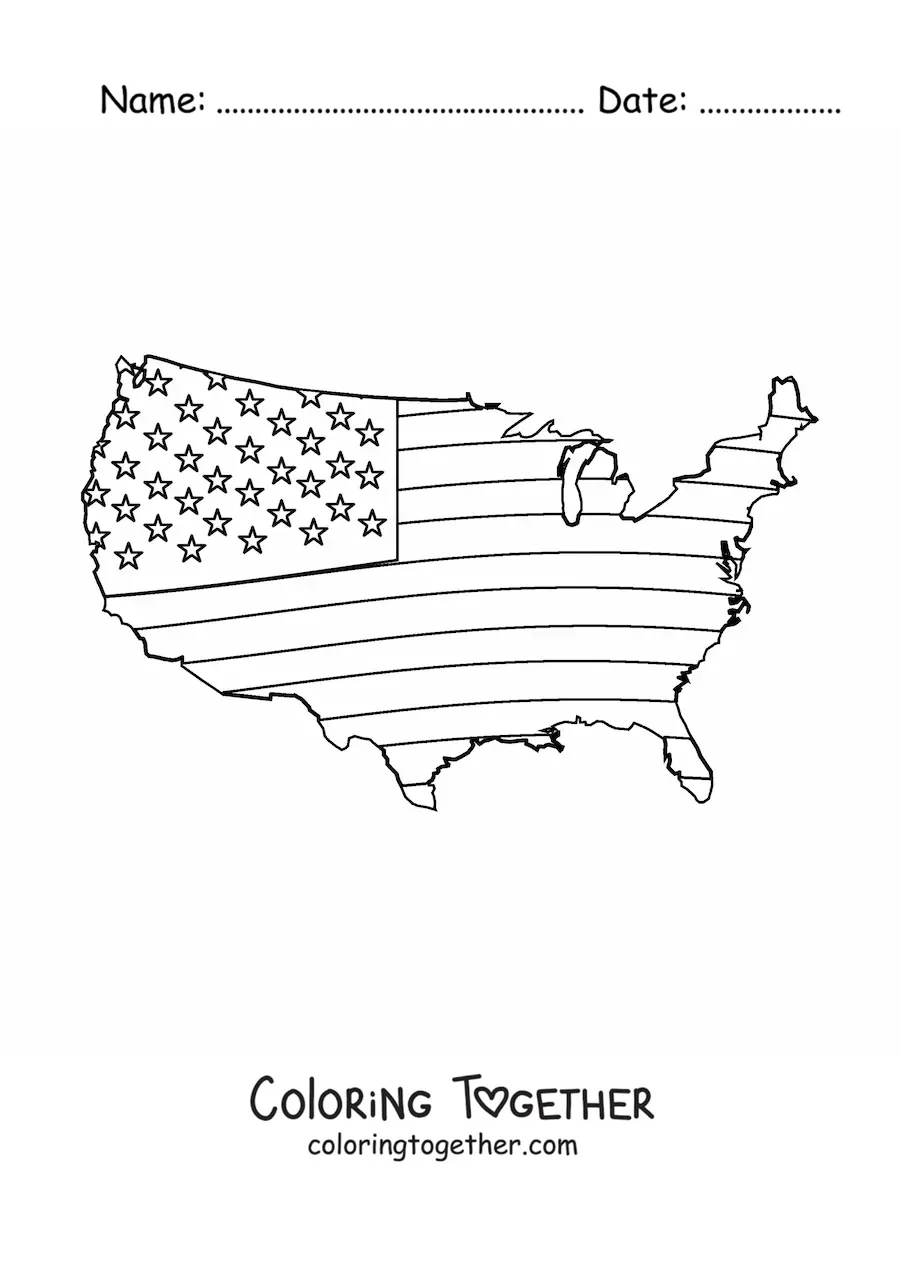 Coloring page of the flag of the United States on a map