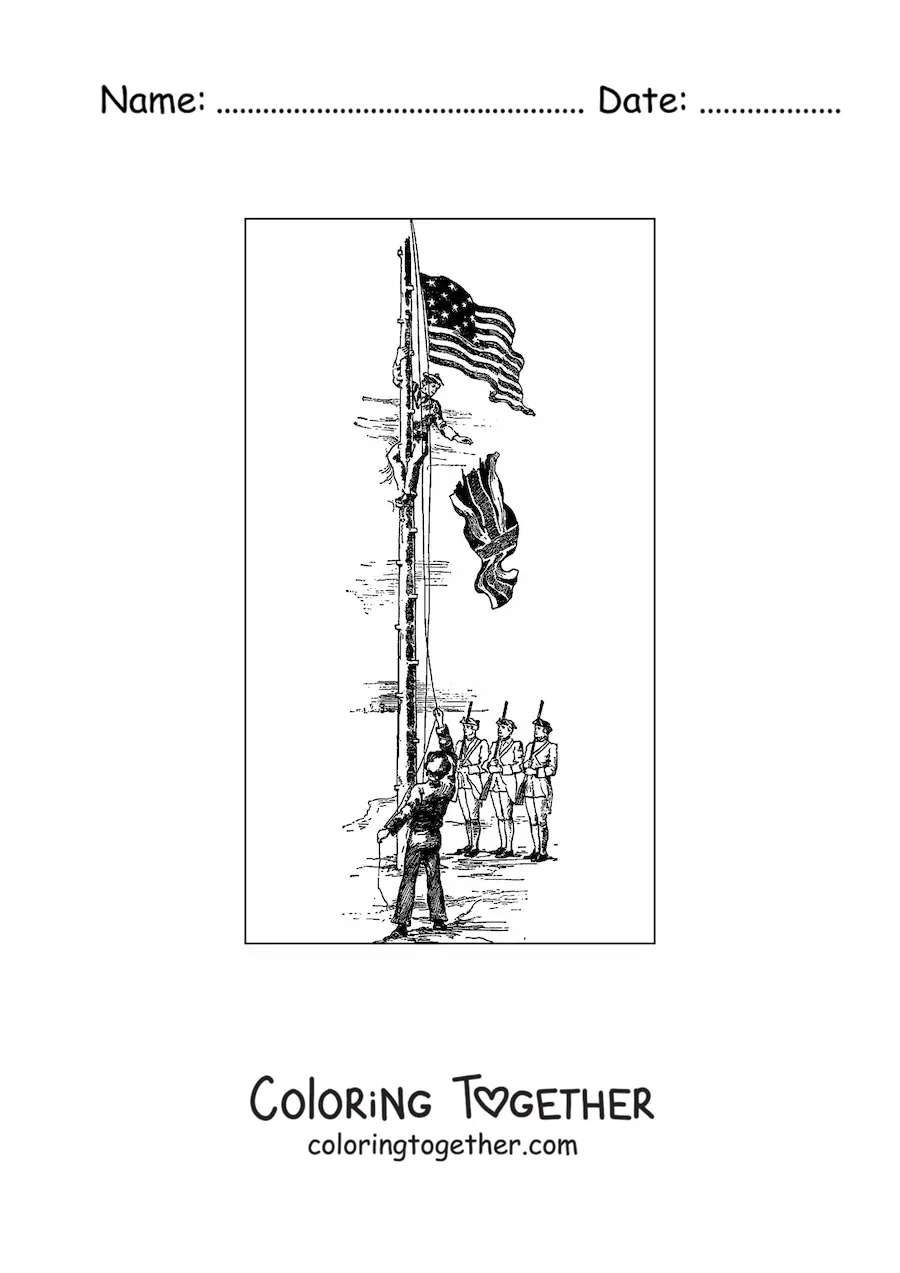 Coloring page of revolutionaries swapping the flag of England for the flag of the United States