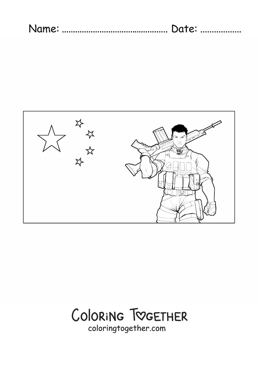 Coloring page of the flag of China with a soldier